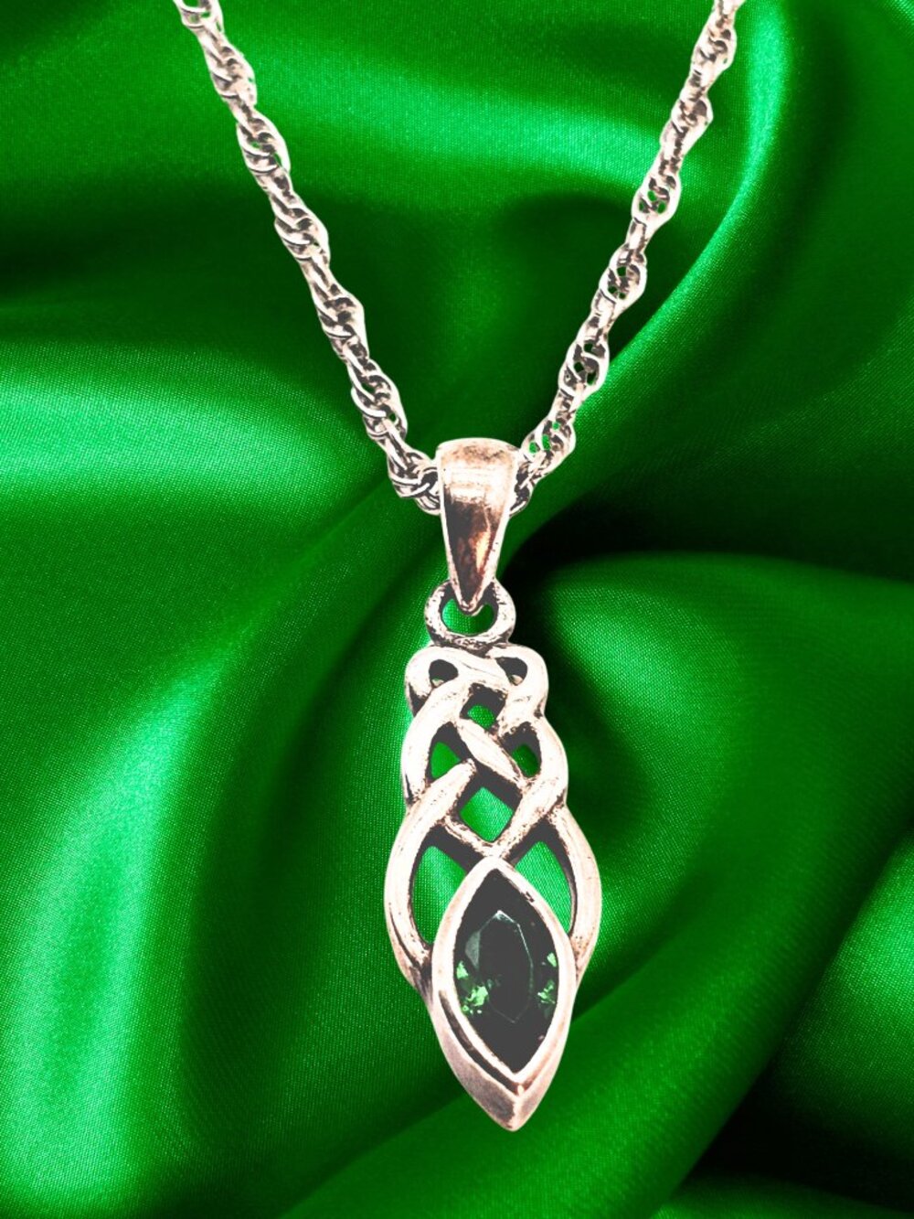 Sterling Silver Celtic Knot Necklace Lab Emerald Pendant Irish Celtic 18"